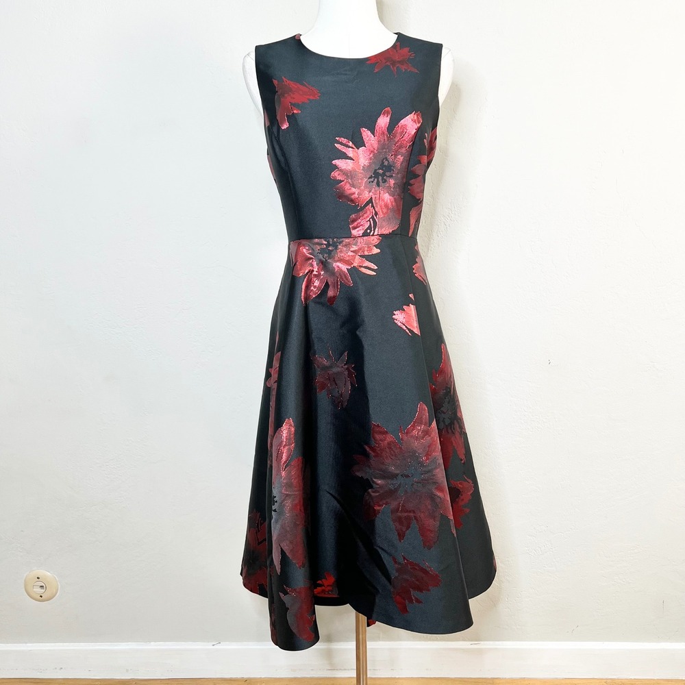 Calvin Klein Black Red Metallic Floral Brocade High-Low Cocktail Dress Size 8‎